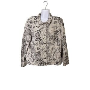 Susan Graver Style  Linen Blend Floral Embroidered Button Front‎ Jacket - XL